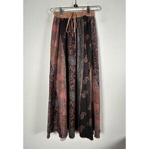 Romwe Womens Brown Pink Floral Boho Patchwork Maxi Skirt Small Elastic Waist